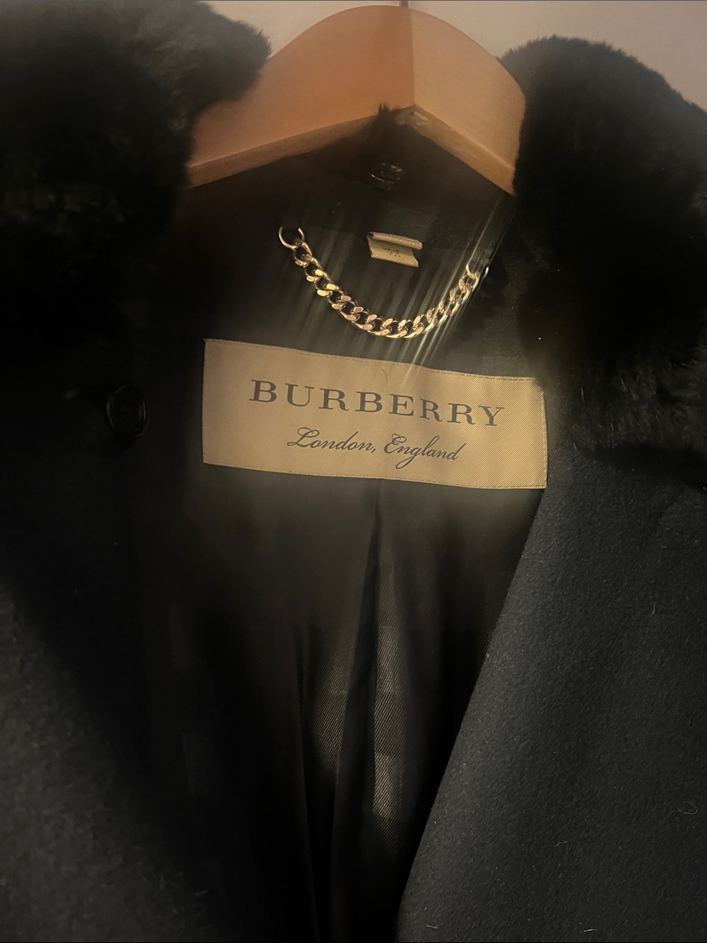 Burberry Black Double-Breasted Wool Pea Coat with Fur Collar - Picture 3 of 8